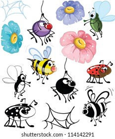 A set of isolated cartoon insects and flowers on a white background.