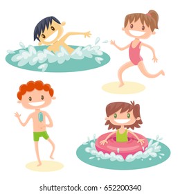 Set of isolated cartoon kids playing at the beach. A chinese boy swimming, a brown hair girl running, a red-haired boy eating an ice cream and a brown hair girl with a swimming float in the sea.