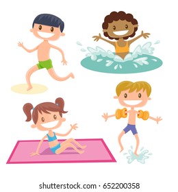 Set Of Isolated Cartoon Kids Playing At The Beach. A Dark Boy Running, A Black Girl Playing In The Sea, A Brown Hair Girl Sitting On Her Towel And A Blonde Boy Wearing Swimming Sleeves.