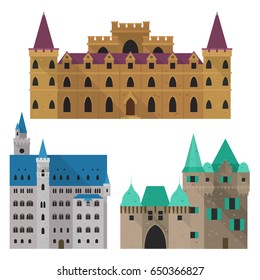 Set of isolated cartoon medieval castle front view. Royal architecture with wall and turrets, gothic palace and king residence, old fort construction. Building architecture, history book theme