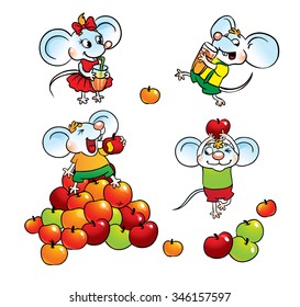 Set of isolated cartoon mouse.
Set of cartoon mouse, healthy eating. Mouse eating apples and drinking fresh juice.