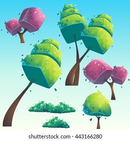 Set of isolated cartoon natural futuristic trees. Vector objects for design, graphics, print, magazine, book, games. Bright background images for create videos or web graphic design, user interface