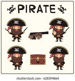 Set isolated cartoon pirate in black hat in different poses with pistols, sword, gun and chest. 