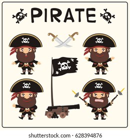 Set isolated cartoon pirate in black hat in different poses with pistols, sword, ship gun and flag.