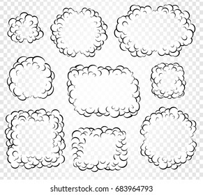 Set of isolated cartoon speech bubbles, frames of smoke or steam, comics dialogue cloud, vector illustration on white transparent background.