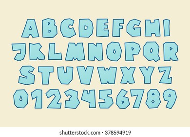 set of isolated cartoon style, funny alphabet letters and numbers. vector, kids font type design. comic book lettering typeface