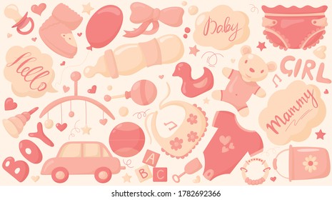 Ilustración vectorial del patrón de bebé de dibujos animados con cosas para un recién nacido.