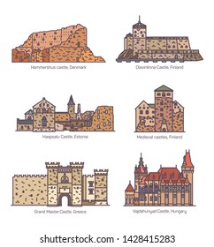 Set of isolated castle of Finland, Denmark, Estonia, Greece and Hungary. Medieval landmark Hammershus and Olavinlinna, Haapsalu and Grand Master, Vajdahunyad architecture. Sightseeing theme