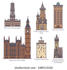 Set of isolated castle with landmark towers. England Big Ben clock and Serbia Gardos, astronomical clock in Czech town hall, Denmark round tower, Belfry in Bruges, Thessaloniki in Greece. Architecture