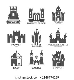 Set of isolated castle parts for logo. Icons of ancient fortress construction elements like defense tower and gates, fortified bridge. Fort with walls for logotype. Stone historical monument