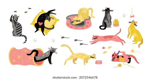 Set of isolated cats character objects with images of colorful pets with bees fishes and mouses vector illustration