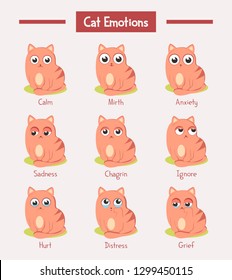 Set of isolated cats with emotions expression. Kitty face with fun or joy, mirth and happy, calm and sad, grief or chagrin, upset, ignoring and hurt, distress. Cartoon comic kitten mascots. Animal