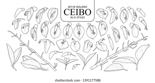 Set of isolated Ceibo in 31 styles. Cute hand drawn flower vector illustration in black outline and white plane on white background.