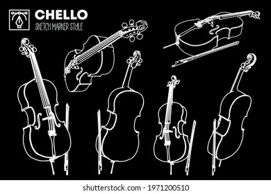 Set of isolated cello views. Marker effect drawings. Editable color. T-shirts, posters, flyers, web. Premium vector.