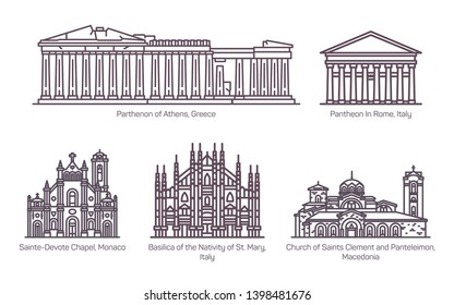 Set of isolated central european religion buildings or pagan sanctuary architecture. Greek Parthenon, Italy or Rome Pantheon, Sainte-Devote chapel, Basilica of Mary Nativity, church of Clement.