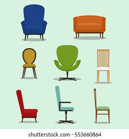 Set of isolated chair and sofa with various shape and design.Flat style vector illustration.