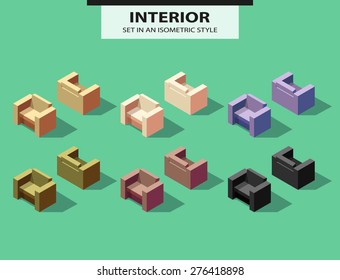 Set of the isolated chairs with a shadow in isometric style. Vector illustration
