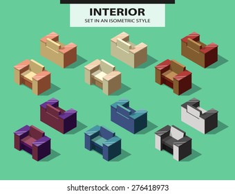 Set of the isolated chairs with a shadow in isometric style. Vector illustration