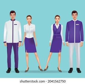 Conjunto de personajes aislados, personal del hotel, administrador, animador, camarero, sirvienta, director, conserje, portero, declaración de registro en estilo plano para sitios web, materiales impresos.