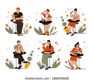 Set of isolated characters of people sitting at table and eating various food, vector illustration isolated on white background. Visitors to a fast food cafe or restaurant. People in street cafes.