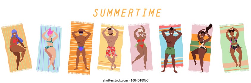 Set of isolated characters sunbathing on the beach towels. Summertime concept. People on the seaside. Men and women wearing colorful trendy swimwear. Summertime yellow sign. Hand drawn vector art.