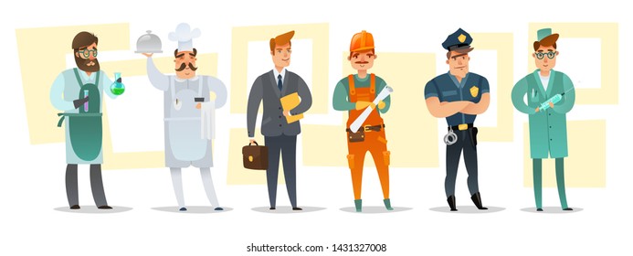 The set of isolated characters in the uniforms of various professions in cartoon flat style on white background