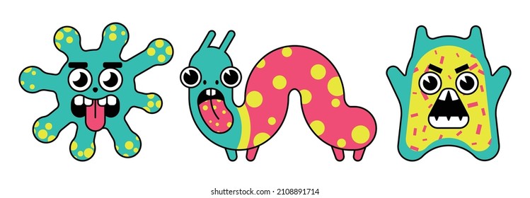 Set of isolated cheerful bacteria. Cute images of viruses, bacteria in retro cartoon style. Bright characters of pathological organisms on a white background. Vector illustration.