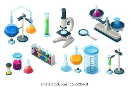 Set of isolated chemical or medical laboratory equipment. Medicine or chemistry items for science or school lab. Flask with pipes and microscope, hourglass and magnifying glass, tube. Biology,pharmacy