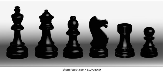 Set of isolated chess pieces on grey white background, the black team.