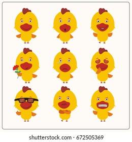 Set of isolated chicken with different emotions in cartoon style.