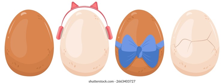 Set of isolated chicken eggs of white and brown color. Different options of shell and decoration elements. Choice of elements whole, cracked, with headphones, surprise with bow