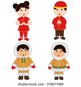 set of isolated children of Chinese and Eskimo nationalities - vector illustration, eps
