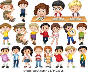 Conjunto de niños aislados en la ilustración de acciones diferentes
