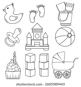 a set of isolated children's elements in the doodle style, contour coloring
