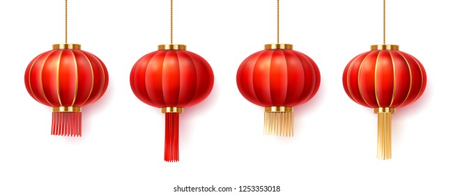 Set of isolated chinatown lanterns for new year or festival. Paper lamps for china or singapore, vietnam or taiwan, japanese, asia holiday celebration, buddhism temple. Asian decorations for wedding