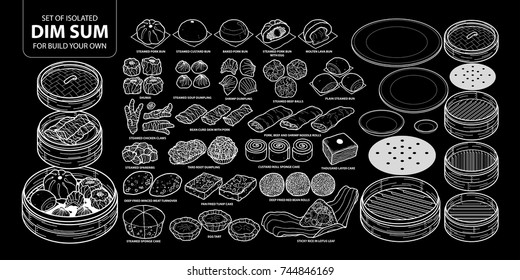 Set of isolated Chinese food, Dim Sum for build your own. Cute hand drawn food vector illustration only white outline on black background.