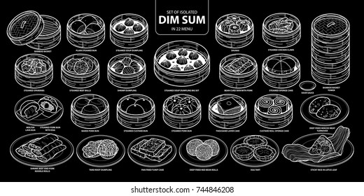 Set of isolated Chinese food, Dim Sum in 22 menu. Cute hand drawn food vector illustration only white outline on black background.