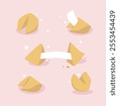 Set of isolated Chinese fortune cookies. Closed and cracked cookie with blank paper for message, wishing. Food illustration in cartoon style.