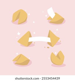 Set of isolated Chinese fortune cookies. Closed and cracked cookie with blank paper for message, wishing. Food illustration in cartoon style.