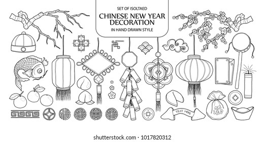 Set of isolated Chinese New Year decoration. Cute hand drawn vector illustration in black outline and white plane on white background.