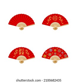 set of isolated chinese new year folding fans with flowers and gold decorations