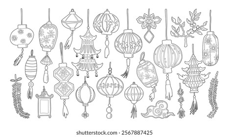 Set of isolated Chinese New Year decoration elements, lanterns, in minimal hand-drawn doodle illustration style on a white background.