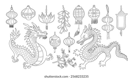Set of isolated Chinese New Year decoration elements, lanterns, in minimal hand-drawn doodle illustration style on a white background.
