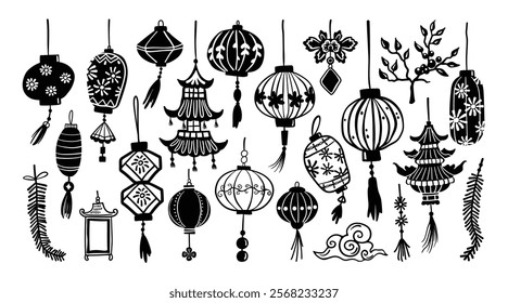 Set of isolated Chinese New Year decoration elements, lanterns, in minimal hand-drawn doodle illustration style on a white background.