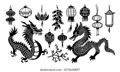 Set of isolated Chinese New Year decoration elements, lanterns, in minimal hand-drawn doodle illustration style on a white background.