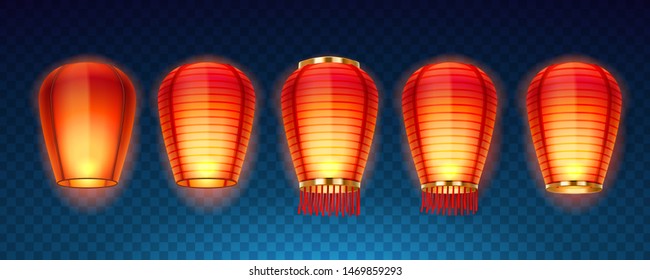 Set of isolated chinese or sky, Kongming flying lanterns for new year celebration. Japanese lamp or traditional Asian hanging light. Paper decoration for chinatown festive or mid autumn festival