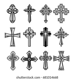 Set of isolated christian and catholicism crosses. Religion crucifix symbol, faith and peace, God and Jesus Christ sign, church decoration. Belief icon, divine and spirituality, worship theme