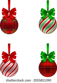 set of isolated christmas balls with bows. christmas balls with tartan and candy cane textures