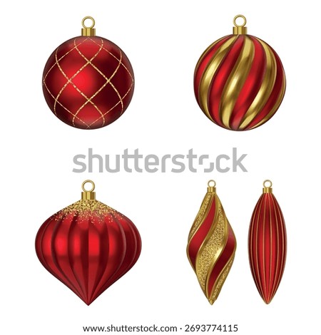 set of isolated christmas balls. collection of realistic red and gold christmas tree decorations. christmas baubles with gold, red and glitter ornaments