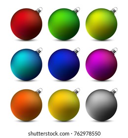 Set of isolated Christmas balls in multiple colors in red, green, yellow, blue, purple, orange, black. Matte surface. Isolated on white background.
